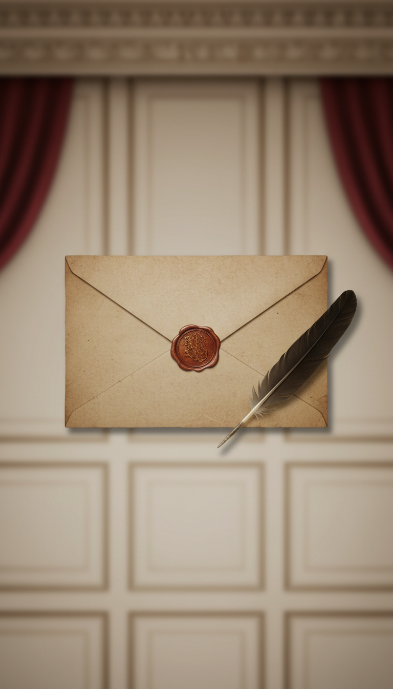 Handwritten letter with wax seal and quill