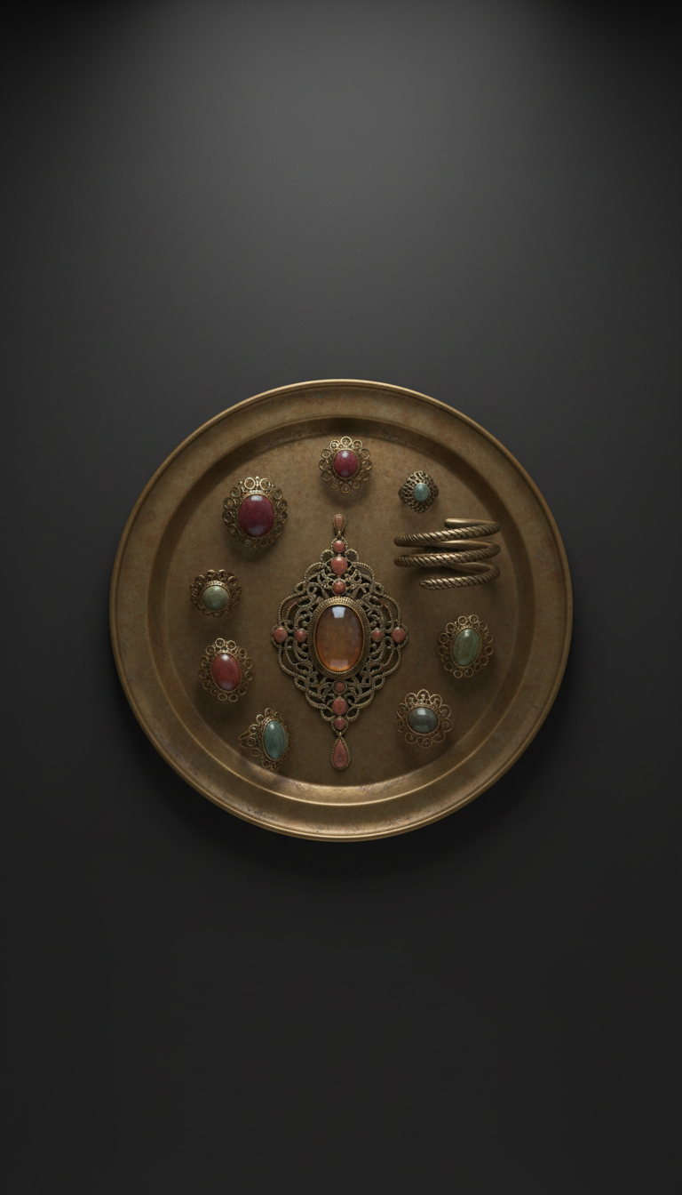 Aged brass tray with period-inspired jewelry